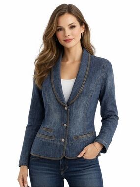 Metrostyle Denim Blazer Size 12 Faux Leather Trim